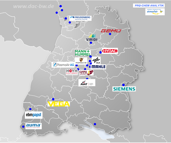 Politische Karte von Baden-Württemberg mit Landkreisen und Standortmarkierungen der wichtigsten Partner des Industriedialogs, wie z.B. Siemens, VEGA, HYDAC, das DLR aber auch Porsche.